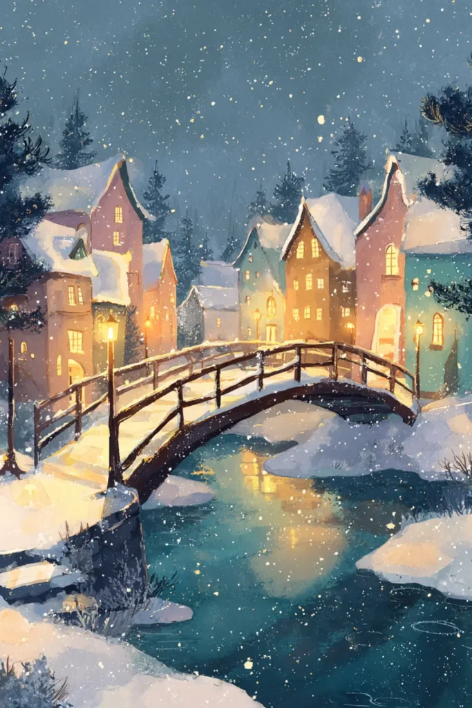 charming watercolor village with glowing windows and wooden bridge over snowy river at night