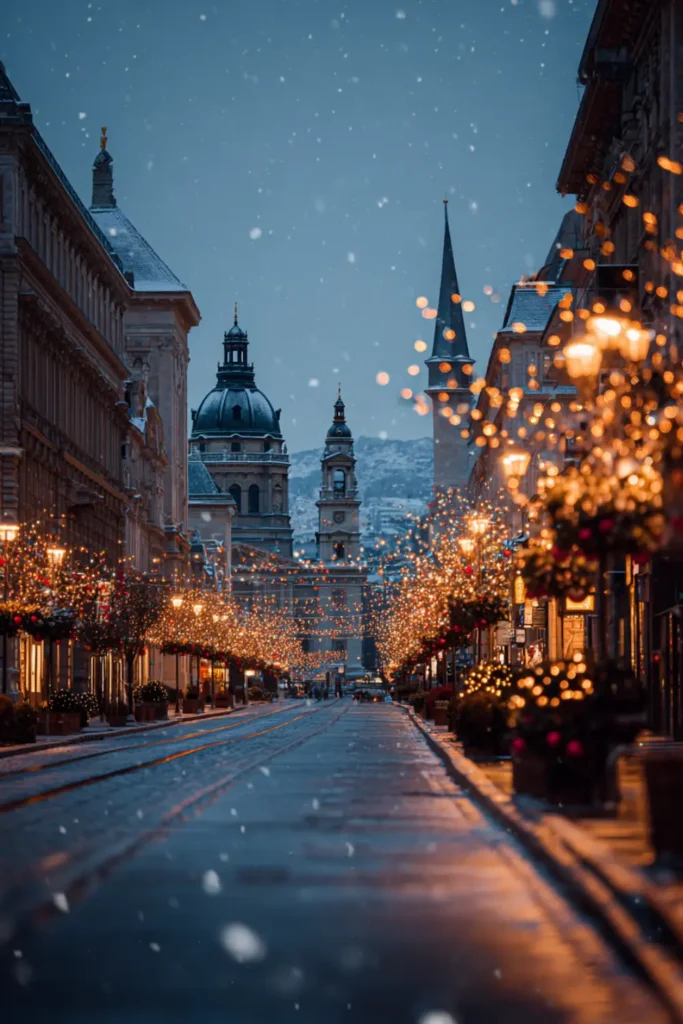 winter wallpaper (5) Icy blue winter street with softly falling snow and warm golden lights in the background.