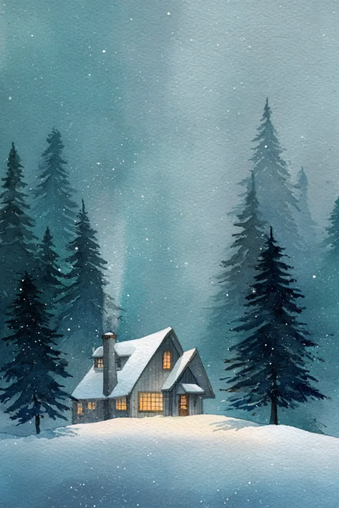 peaceful watercolor cabin with glowing windows surrounded by tall snowy pine trees in a misty forest