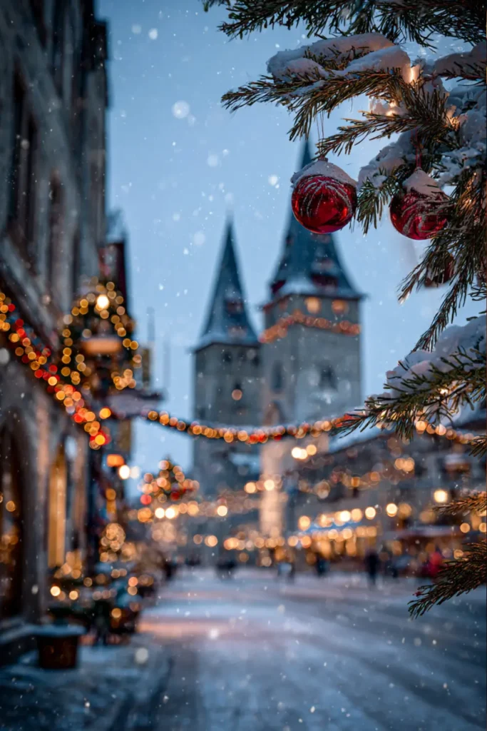 winter wallpaper (6) Snowy city street with tall clocktower glowing at dusk, winter decorations and gentle snowfall.