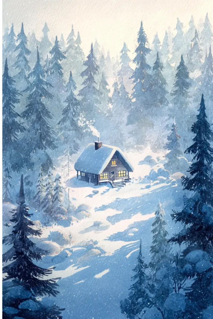small wooden cabin in snowy mountain landscape surrounded by dense pine forest under falling snow