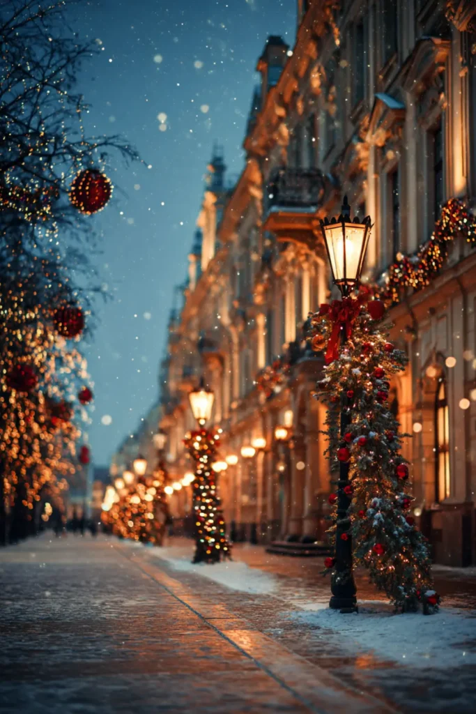 winter wallpaper (7) Elegant snowy street at night with subtle golden lights and deep blue winter tones.