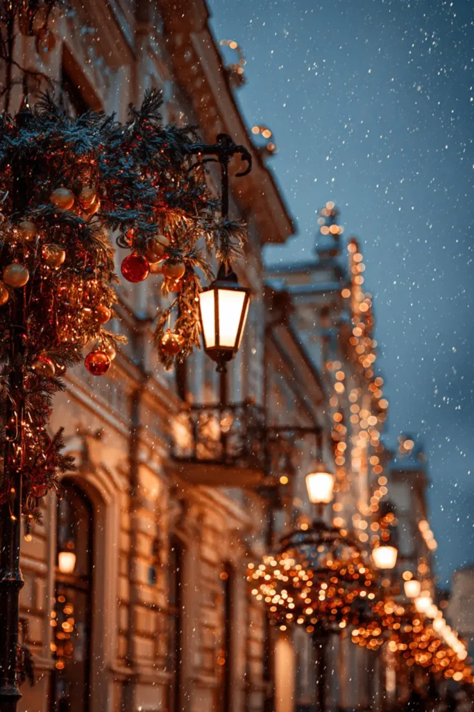 winter wallpaper (8) Vintage winter street with hanging festive lights, snowy cobblestones and deep blue evening sky.
