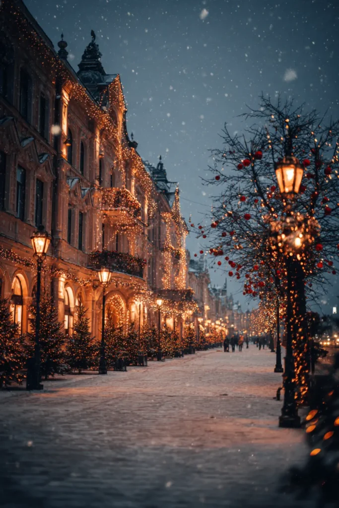 winter wallpaper (9) Cozy winter street with warm golden lights and festive decorations, soft snow and dreamy evening glow.