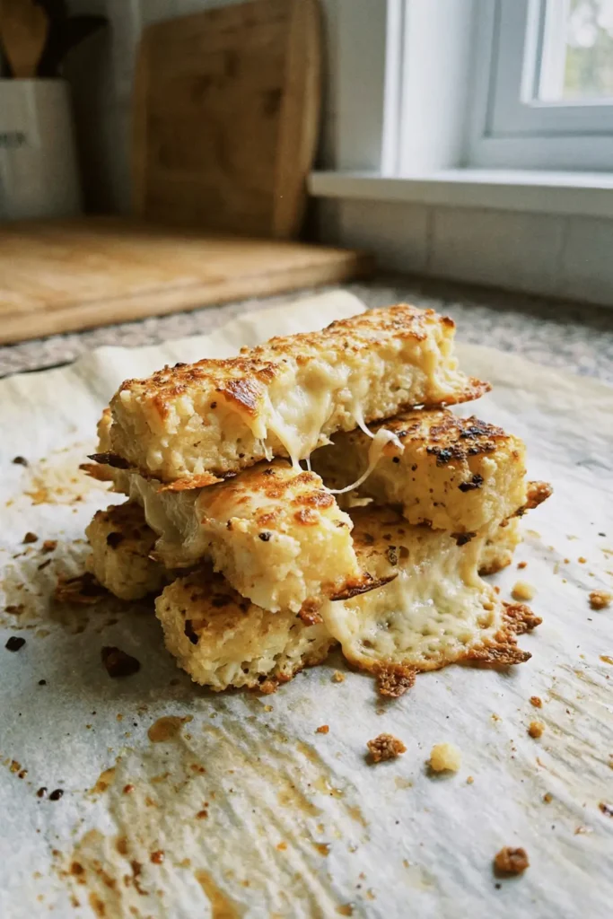 Keto cauliflower cheese sticks with golden crispy edges and melted cheese in the middle