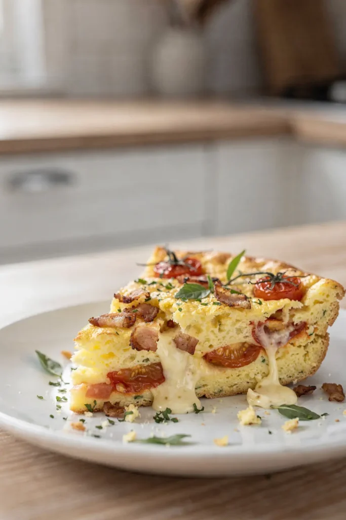 Keto frittata with melted cheese crispy bacon and cherry tomatoes served on a white plate