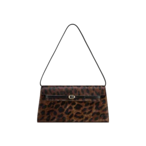 Leopard-print structured shoulder bag with dark strap and minimalist gold closure — bold luxury accessory.