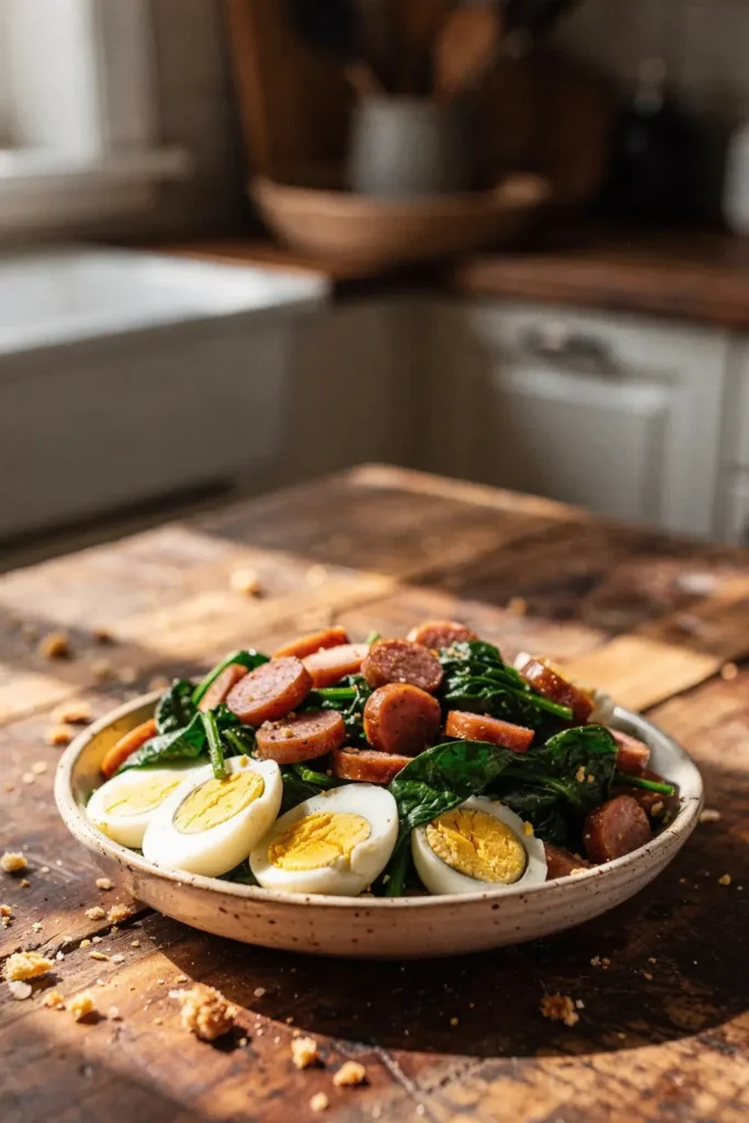 Keto meal with sliced sausage sautéed spinach and hard boiled eggs in a bowl