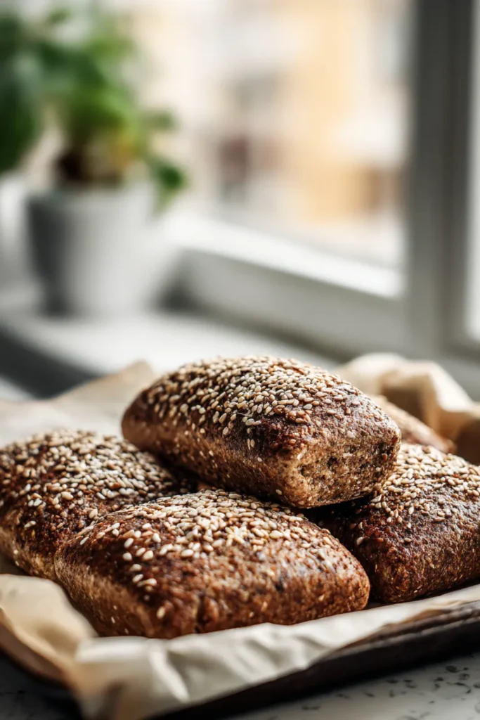 Keto flaxseed bread rolls topped with sesame seeds freshly baked on a tray