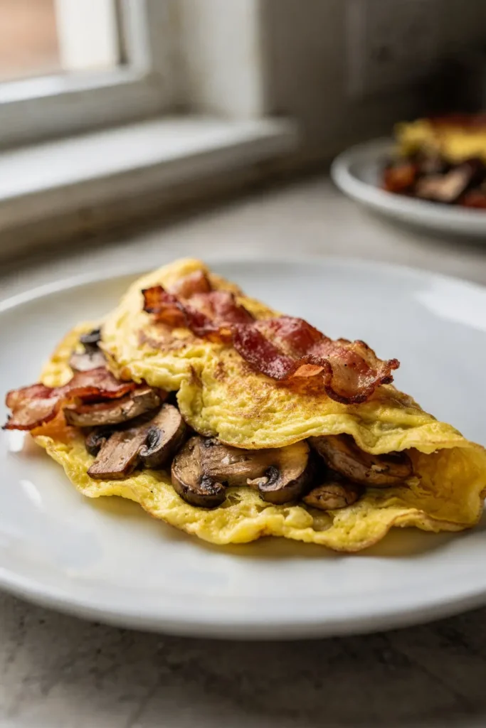 Keto omelette filled with mushrooms and topped with crispy bacon on a white plate