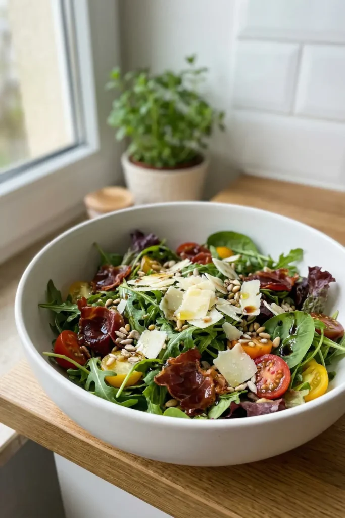 Fresh keto salad with crispy prosciutto parmesan seeds and cherry tomatoes in a white bowl