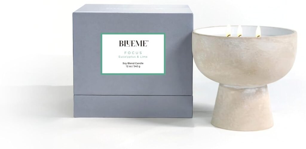 Blueme Focus eucalyptus and lime soy candle in a textured ceramic bowl with minimalist grey packaging — eco-friendly wellness gift.