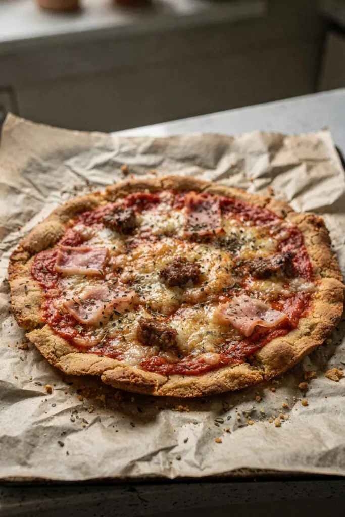 Homemade keto pizza with tomato sauce melted cheese ham and sausage on rustic baking paper