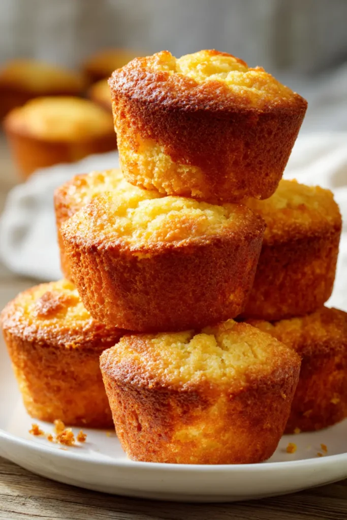 Keto almondstyle muffins golden and fluffy stacked on a white plate