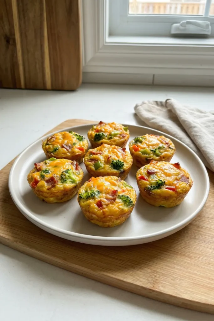 Keto egg muffin cups with vegetables and cheese on a white plate
