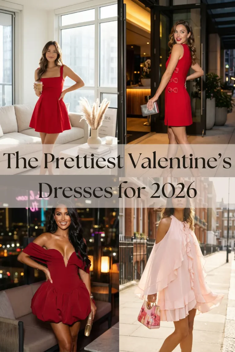 A four-image collage featuring different Valentine’s Day dresses: a red A-line mini dress indoors, a red mini dress with bow details outdoors, a burgundy off-shoulder balloon-skirt dress in a nighttime lounge, and a blush ruffle dress with open shoulders on a city street. Center overlay text reads “The Prettiest Valentine’s Dresses for 2026.”