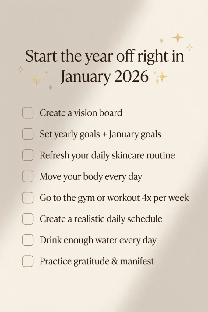 Minimal aesthetic January Reset checklist for 2026 with goal-setting, healthy habits and self-care ideas — new year resolution list inspiration in neutral beige Pinterest style