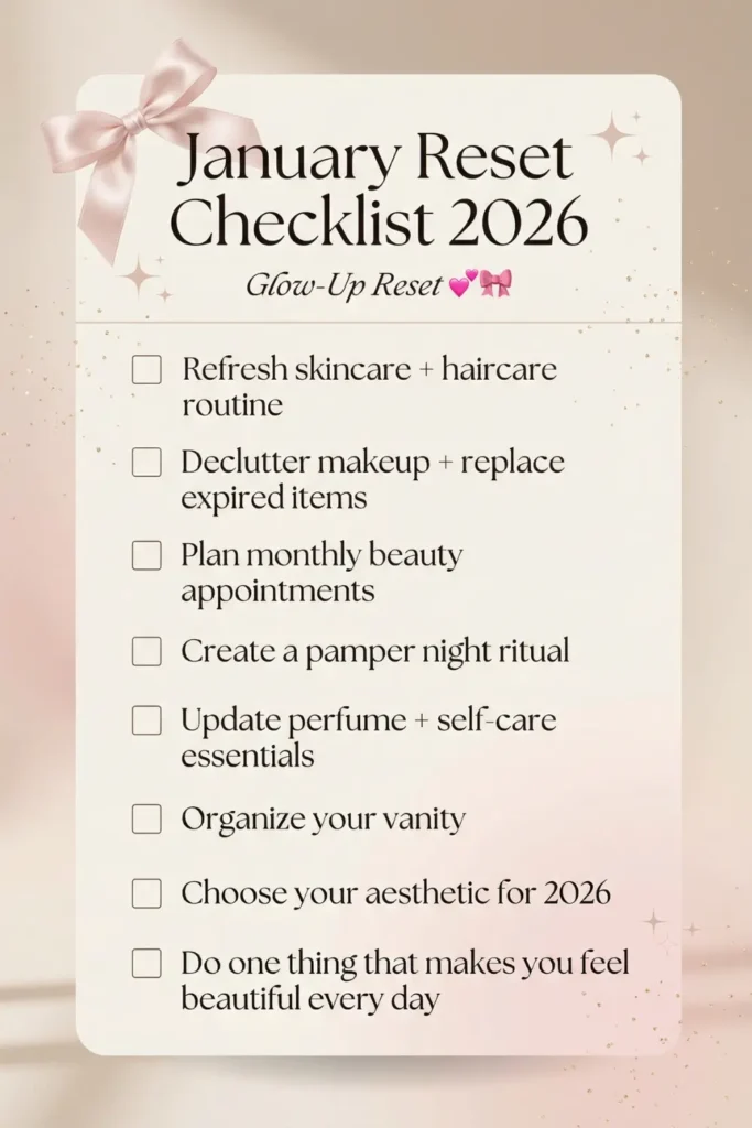 January Glow-Up Reset checklist 2026 — beauty routine refresh, self-care resolutions, confidence boost and feminine lifestyle reset ideas in soft pinterest girly design