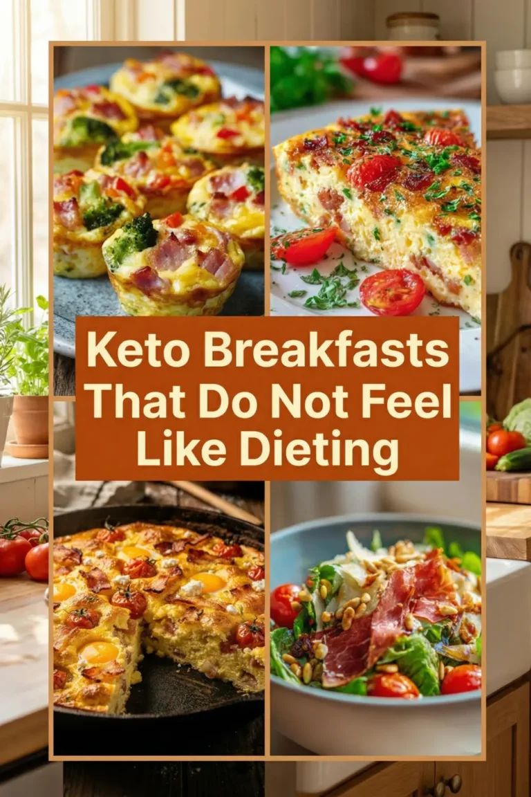 Collage of delicious keto breakfast ideas including egg muffin cups with vegetables and ham, a cheesy baked frittata with cherry tomatoes, a skillet-baked keto egg dish with bacon and tomatoes, and a fresh salad with prosciutto, greens, cherry tomatoes, and pine nuts, with text saying ‘Keto Breakfasts That Do Not Feel Like Dieting