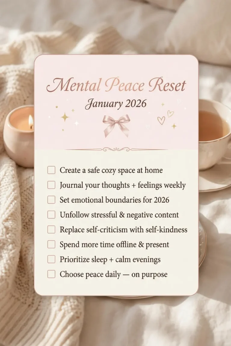 Aesthetic Mental Peace Reset checklist for January 2026 — calming self-care, emotional wellness and mindfulness new year resolutions in soft cozy pink Pinterest style