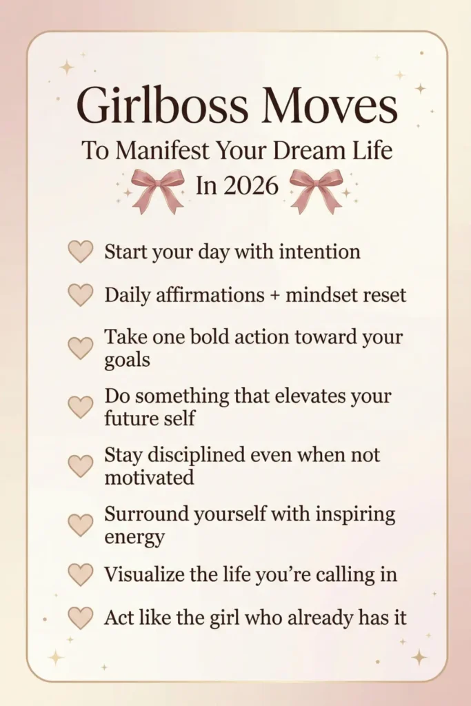 Girlboss new year resolution list 2026 — feminine Pinterest checklist with mindset growth, daily motivation and manifest your dream life habits in blush pink aesthetic design