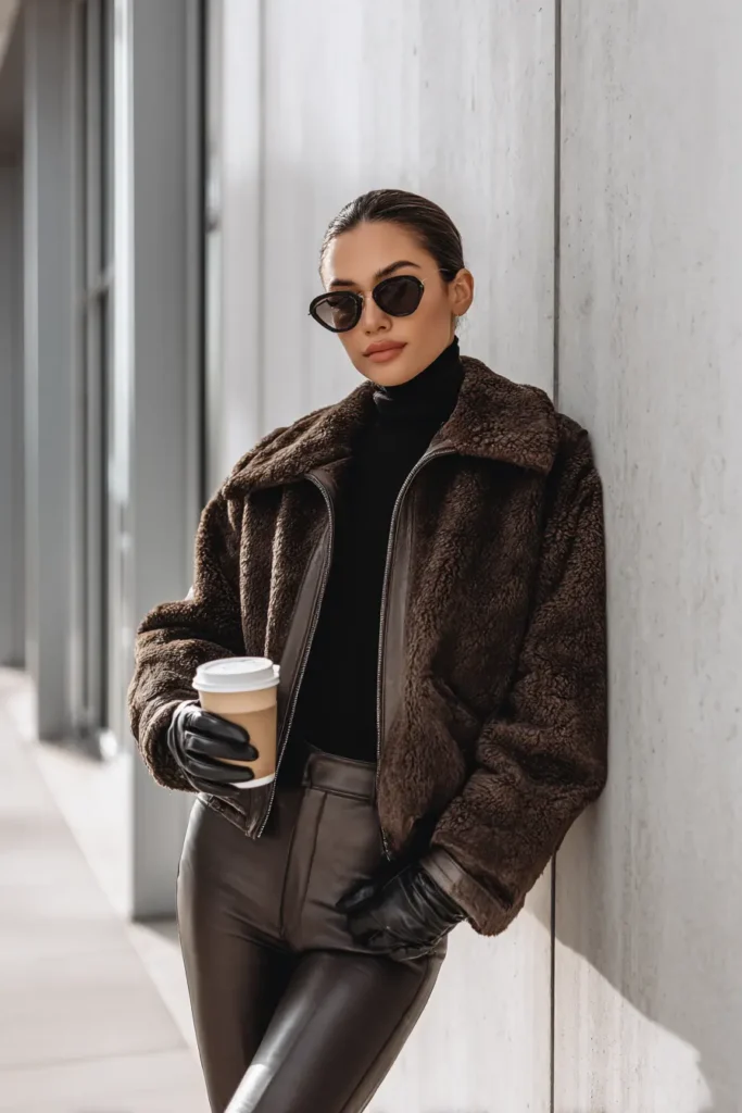 andjela_A_full-body_winter_street-style_fashion_photo_of_a_ch_909e4c7c-f164-4d6c-a375-ab7789213bc0_2 Woman wearing a dark brown shearling jacket, black turtleneck, black leather pants and gloves while holding a coffee cup outdoors.