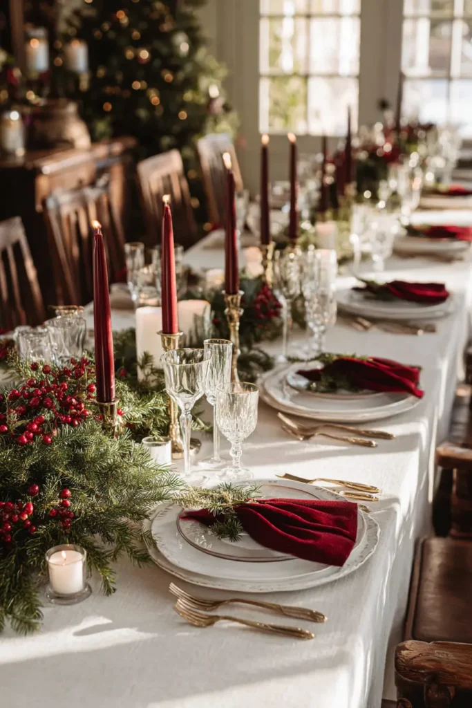 Long Christmas dinner table with burgundy taper candles, evergreen garland, and crystal glassware in warm natural light.