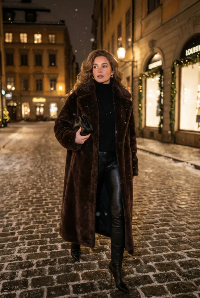 freepik__a-cinematic-winter-night-portrait-of-a-glamorous-e__20431 Woman wearing a long dark brown faux-fur coat, black turtleneck, leather pants and heeled boots while walking on a snowy street at night.