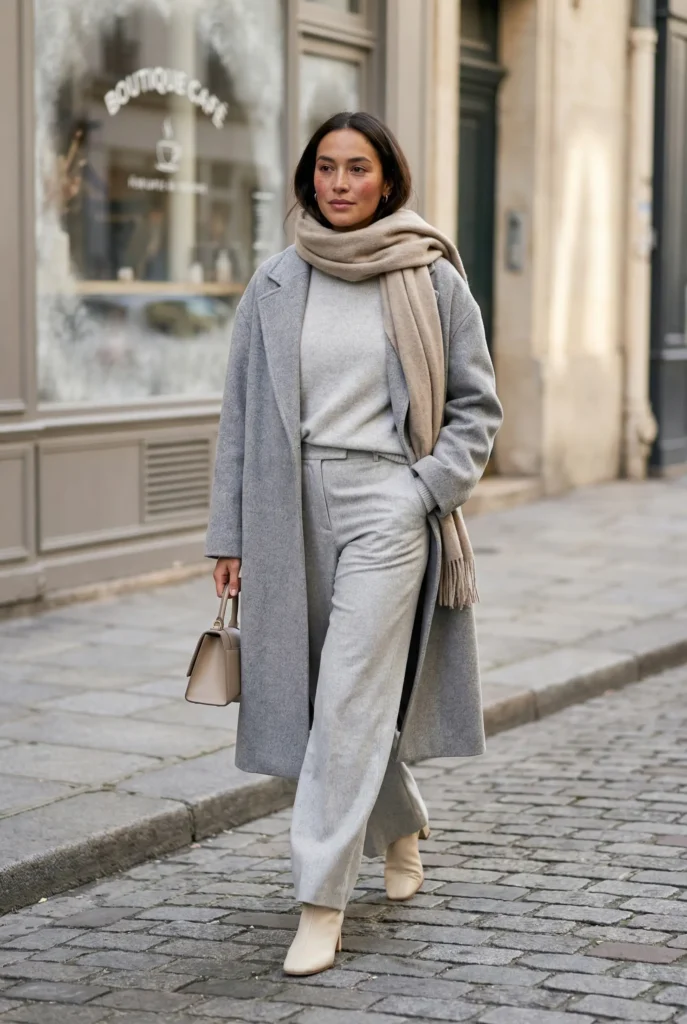freepik__a-fullbody-winter-streetstyle-fashion-photo-of-a-c__20432 Woman wearing a soft grey monochrome winter outfit with a long coat, beige scarf and cream boots, walking on a city street.
