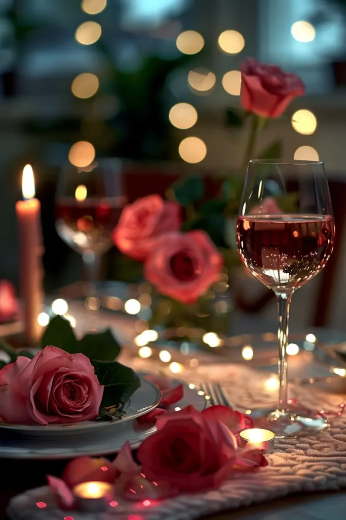 Romantic Valentine’s Day dinner table with roses, candlelight, wine glasses and warm glowing fairy lights creating an intimate and elegant evening mood