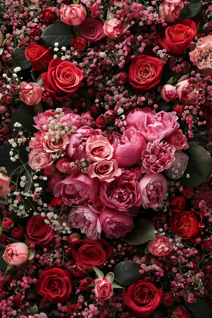 Luxurious Valentine’s Day floral arrangement with pink and red roses and delicate baby’s breath flowers styled in a heart inspired romantic display