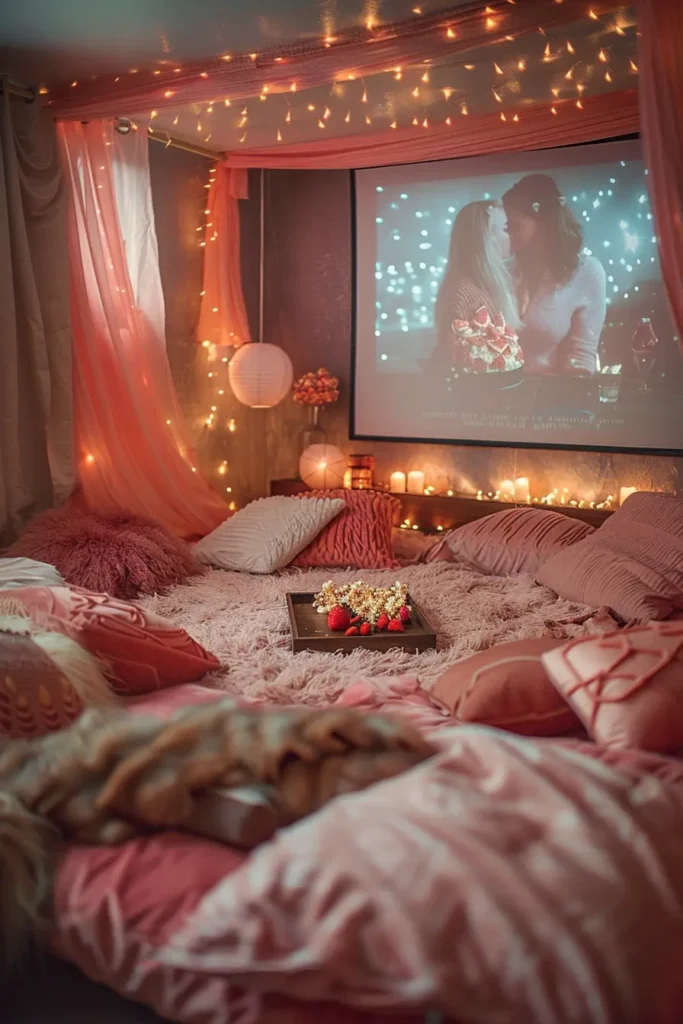 Cozy Valentine’s Day movie night setup with pillows, blankets, fairy lights and a romantic screen scene creating a dreamy intimate atmosphere