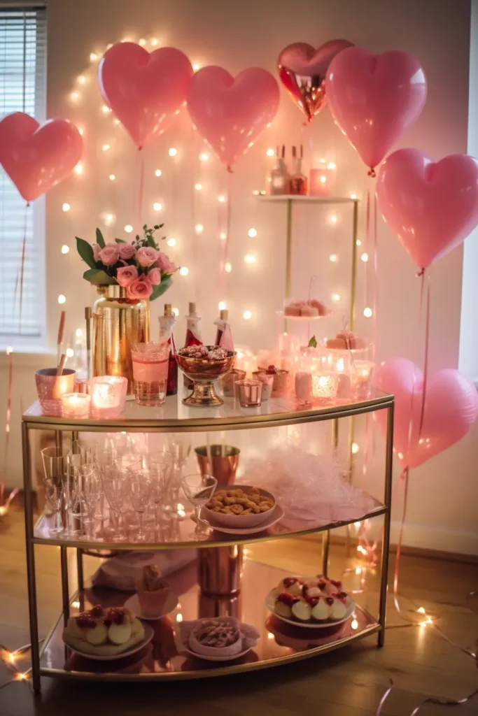 Chic Valentine’s Day bar cart styling with heart balloons, pink drinks, candles and elegant decor creating a glamorous party setup