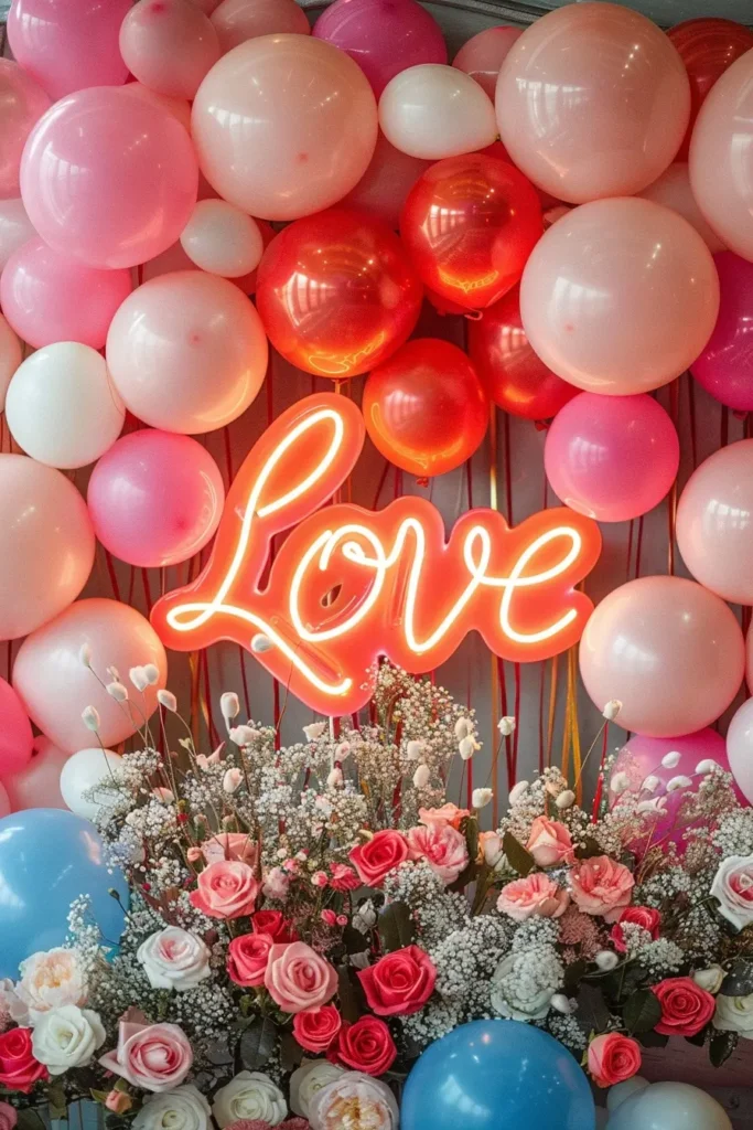 Vibrant Valentine’s Day party backdrop with pink balloons, neon love sign and romantic floral arrangement that creates a playful celebration atmosphere