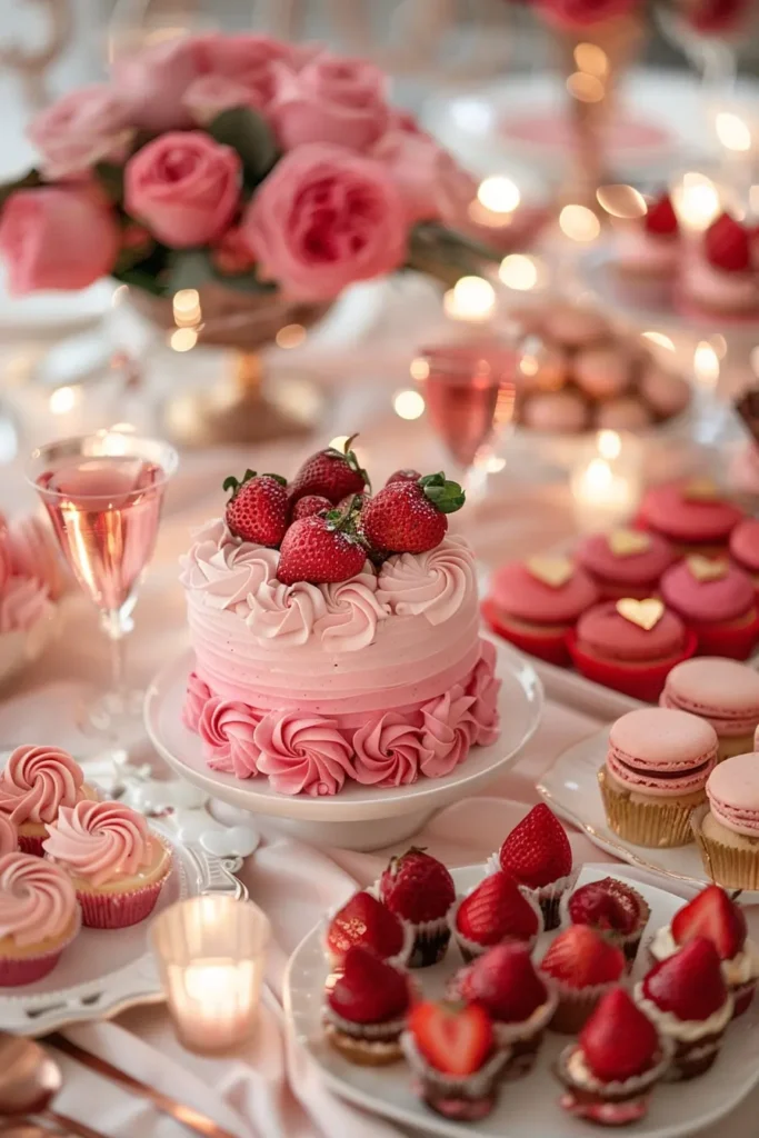 Romantic pink Valentine’s Day dessert table with a strawberry cake, cupcakes, macarons and candles styled in a dreamy feminine setting