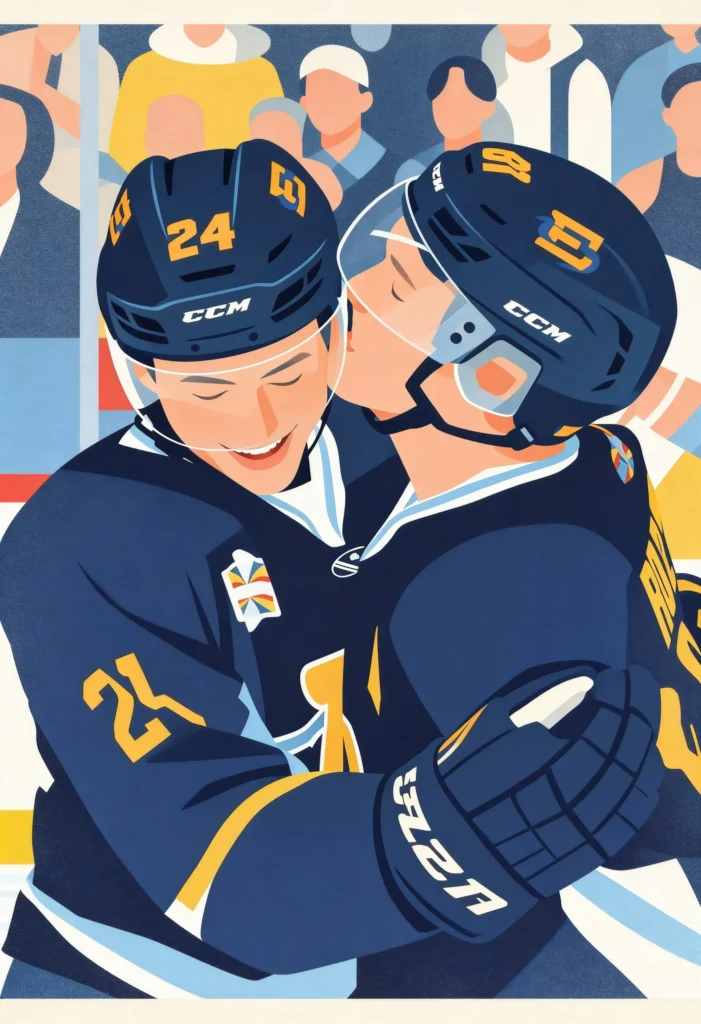 Stylized illustration of two hockey players embracing on the ice during a game, blending competition and affection in a moment inspired by the emotional intensity of Heated Rivalry.