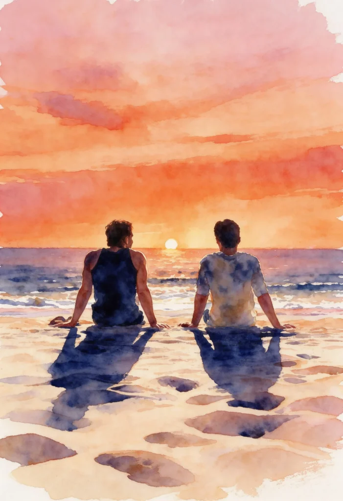 Watercolor illustration of two men sitting quietly on the beach at sunset, facing the ocean together, capturing calm, reflection, and the emotional afterglow associated with Heated Rivalry.