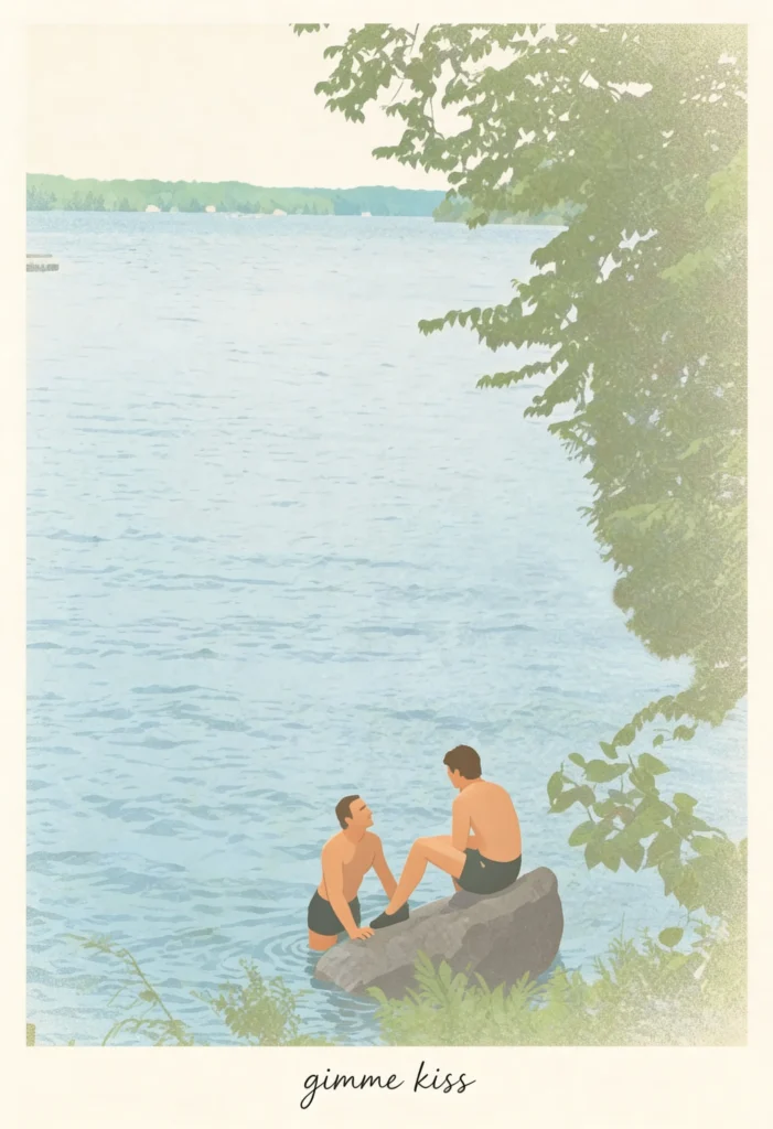 Soft illustrated summer scene of two men by a lake, one standing in the water and the other sitting on a rock, evoking intimacy, longing, and tender connection reminiscent of Heated Rivalry.