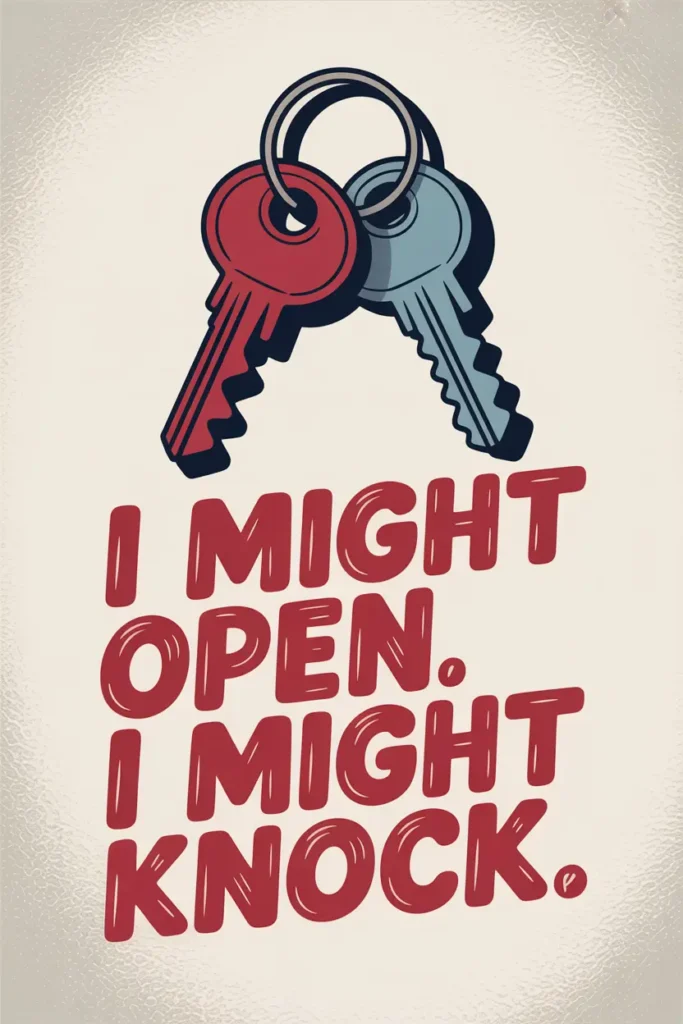 Minimalist graphic illustration of two keys above bold text reading “I might open. I might knock.” symbolizing vulnerability, emotional boundaries, and themes commonly associated with Heated Rivalry.