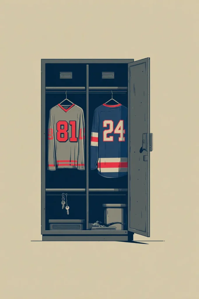 Illustrated open locker showing two hockey jerseys numbered 81 and 24 hanging side by side, symbolizing rivalry, shared space, and emotional tension inspired by Heated Rivalry.