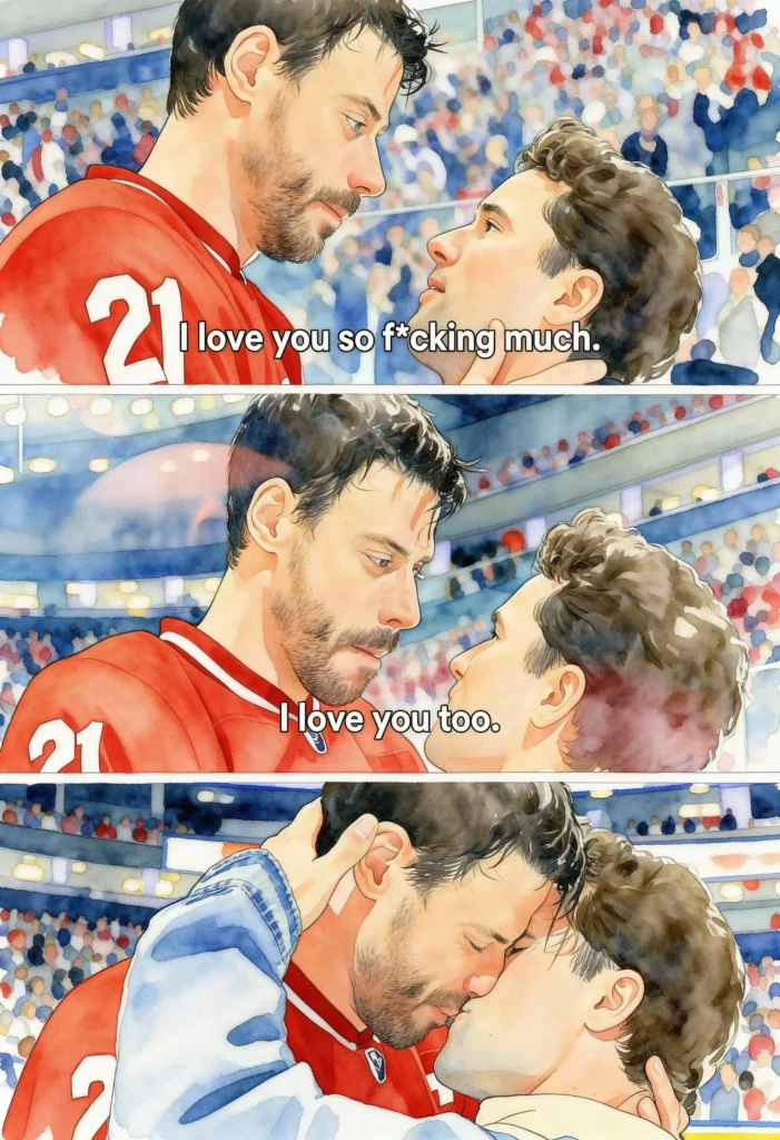 Watercolor-style illustration of two hockey players sharing an emotional on-ice moment, exchanging a quiet declaration of love, capturing the vulnerability, intensity, and slow-burn romance associated with Heated Rivalry.