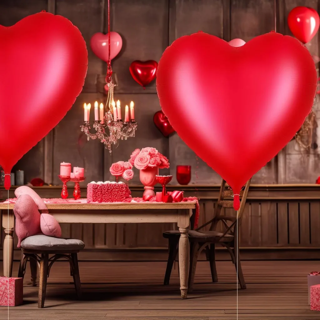 Romantic Valentine’s Day table setup with large red heart balloons, candles, roses, and warm vintage interior decor.