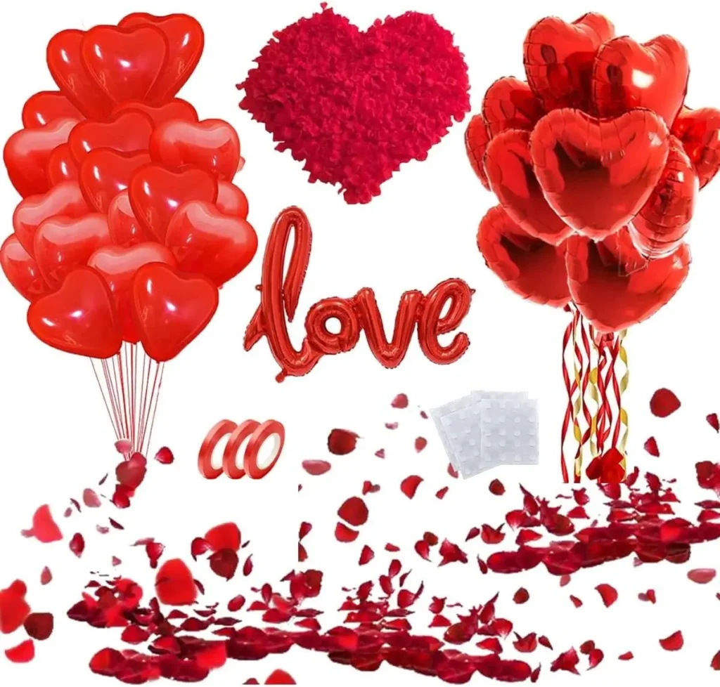 Complete Valentine’s Day balloon decoration kit with red heart balloons, rose petals, love balloon sign, and accessories.