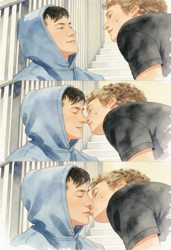 Watercolor-style illustration of two young men sharing a quiet, intimate kiss on a staircase, capturing tenderness, anticipation, and the slow-burn emotional connection associated with Heated Rivalry.