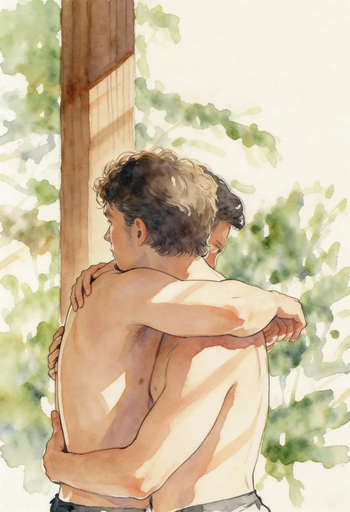 Soft watercolor illustration of two men embracing indoors, seen from behind, capturing quiet intimacy and emotional closeness inspired by the slow-burn romance of Heated Rivalry.