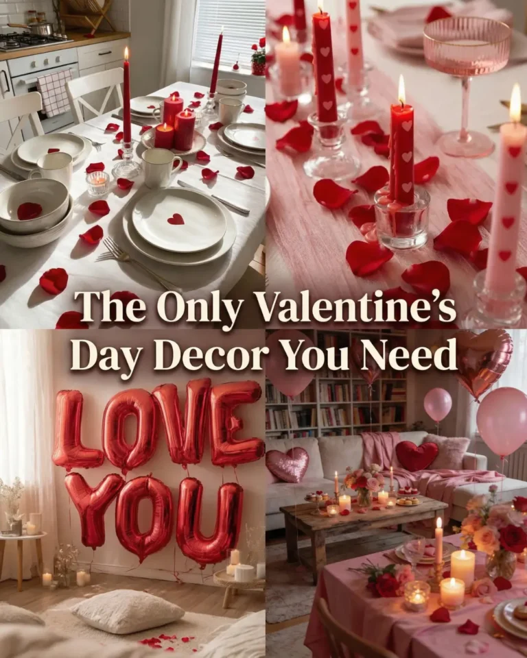 Valentine’s Day decor collage featuring a romantic dining table with red candles and rose petals, cozy living room styling with pink accents, and red LOVE balloons creating a warm, elegant Valentine’s Day home atmosphere.