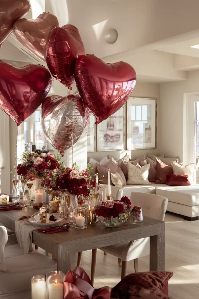 Elegant Valentine’s Day dining room decorated with red and pink heart balloons, romantic table setting with candles, roses, and soft neutral home decor.