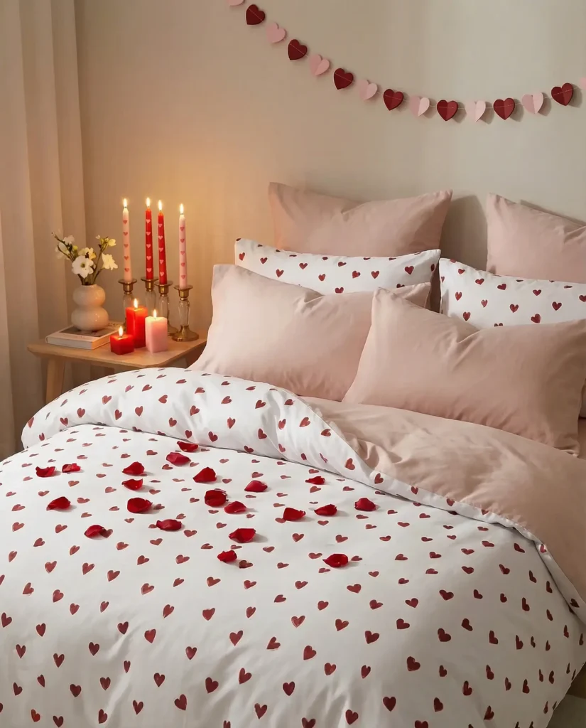 Cozy Valentine’s Day bedroom with heart-pattern bedding, soft pink pillows, candlelight, and romantic decor