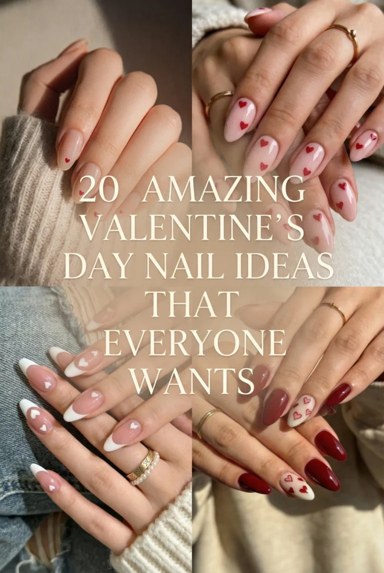 Collage of Valentine’s Day nail designs featuring soft pink bases, red heart details, French tips, and almond-shaped manicures in a romantic aesthetic.