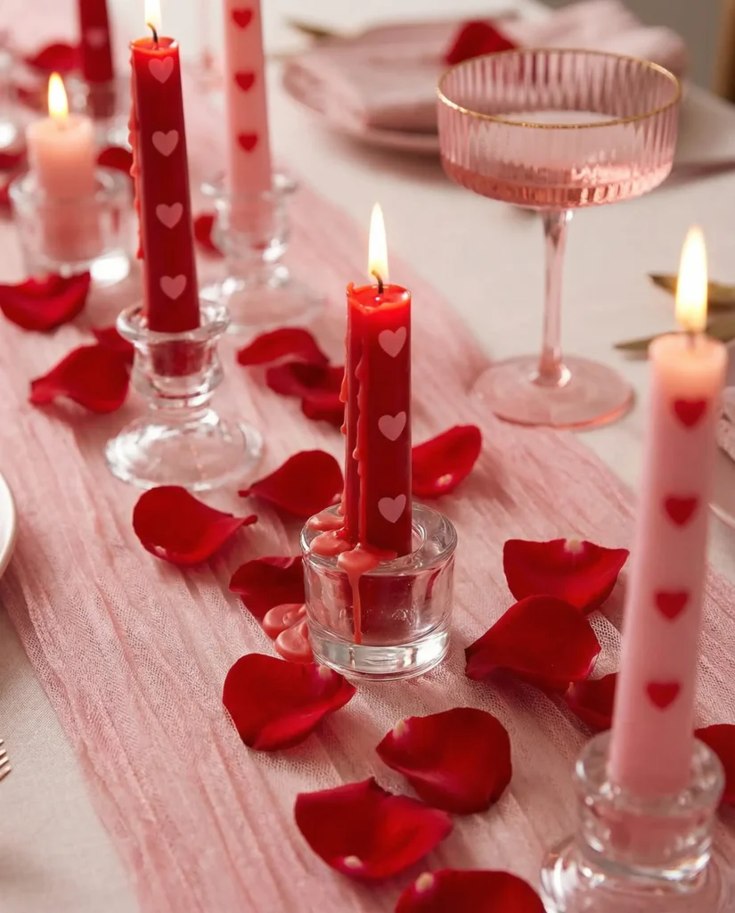 Romantic Valentine’s Day table setting with red heart candles and scattered rose petals